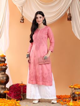 Poshak Chikan Studio - Women Hand Embroidered Chikankari Cotton Pink Kurta