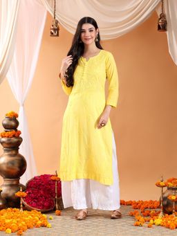 Poshak Chikan Studio - Women Hand Embroidered Chikankari Cotton Yellow Kurta