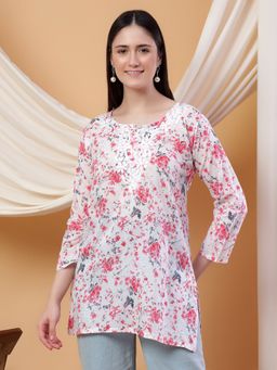 Poshak Chikan Studio - Women Hand Embroidered Pink Chikankari Mulmul Print Short Kurti