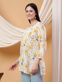 Poshak Chikan Studio - Women Hand Embroidered Yellow Chikankari Mulmul Print Short Kurti