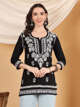 Poshak Chikan Studio - Women Hand Embroidered Black Chikankari Rayon Short Kurti