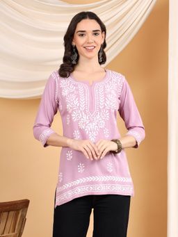 Poshak Chikan Studio - Women Lavender Hand Embroidered Chikankari Rayon Short Kurti