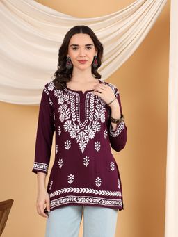 Poshak Chikan Studio - Women Wine Hand Embroidered Chikankari Rayon Short Kurti