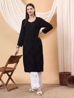 Poshak Chikan Studio - Women Black Hand Embroidered Chikankari Modal Kurta