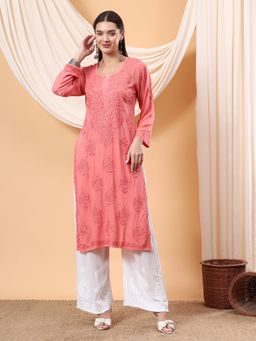 Poshak Chikan Studio - Peach Women Hand Embroidered Chikankari Modal Kurta