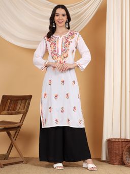 Poshak Chikan Studio - Women Hand Embroidered Chikankari Colorful White Cotton Kurta