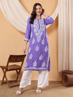 Poshak Chikan Studio - Women Hand Embroidered Chikankari Lavender Rayon Kurta