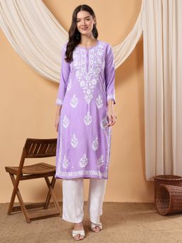 Poshak Chikan Studio - Women Hand Embroidered Lavender Chikankari Rayon Kurta