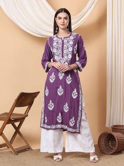 Poshak Chikan Studio - Women Hand Embroidered Mauve Chikankari Rayon Kurta