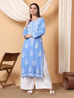 Poshak Chikan Studio - Women Blue Hand Embroidered Chikankari Rayon Kurta