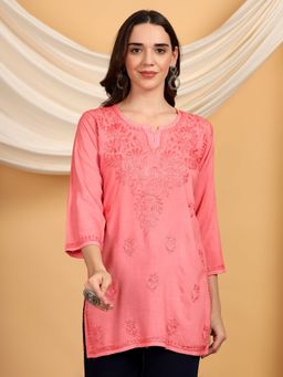 Poshak Chikan Studio - Women Coral Hand Embroidered Chikankari Rayon Short Kurti