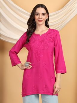 Poshak Chikan Studio - Women Magenta Hand Embroidered Chikankari Rayon Short Kurti