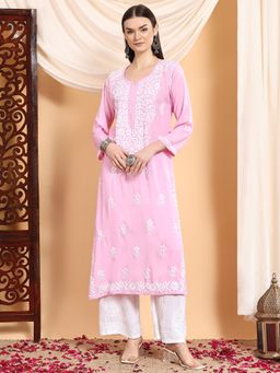 Poshak Chikan Studio - Women Pink Hand Embroidered Chikankari Premium Modal Kurta