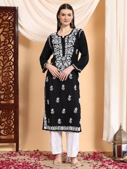 Poshak Chikan Studio - Women Hand Embroidered Black Chikankari Premium Modal Kurta