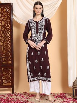 Poshak Chikan Studio - Brown Women Hand Embroidered Chikankari Premium Modal Kurta