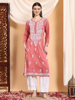 Poshak Chikan Studio - Women Hand Embroidered Coral Chikankari Premium Modal Kurta