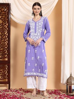 Poshak Chikan Studio - Women Hand Embroidered Chikankari Lavender Premium Modal Kurta