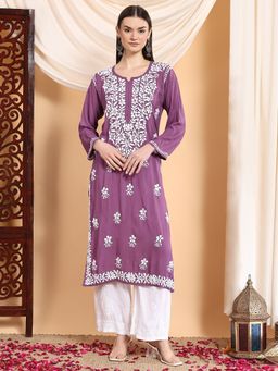 Poshak Chikan Studio - Women Hand Embroidered Chikankari Mauve Premium Modal Kurta