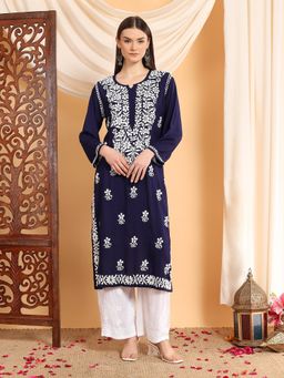 Poshak Chikan Studio - Navy Blue Women Hand Embroidered Chikankari Premium Modal Kurta