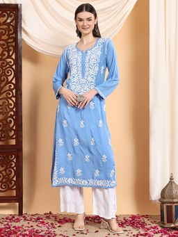 Poshak Chikan Studio - Women Hand Embroidered Blue Chikankari Premium Modal Kurta