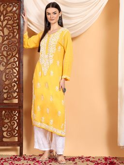 Poshak Chikan Studio - Women Yellow Hand Embroidered Chikankari Premium Modal Kurta
