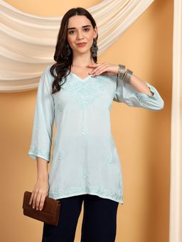 Poshak Chikan Studio - Women Green Hand Embroidered Chikankari Solid Modal Short V Neck Kurti