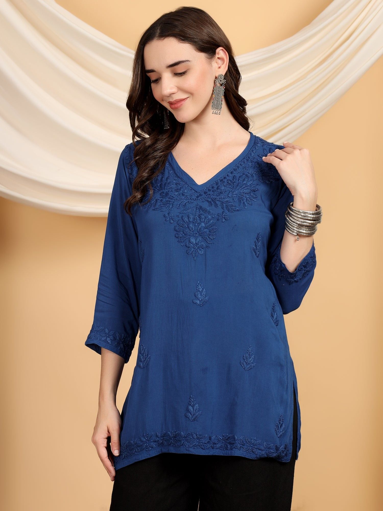 Women Navy Blue Hand Embroidered Chikankari Modal Short V Neck Kurti-image-3
