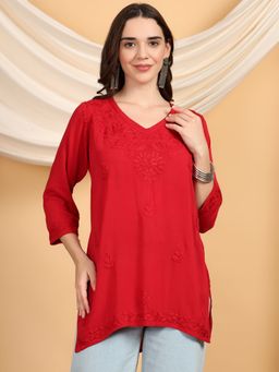 Poshak Chikan Studio - Women Red Hand Embroidered Chikankari Modal Short V Neck Kurti