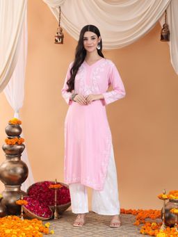 Poshak Chikan Studio - Women Hand Embroidered Chikankari Pink V Neck Kurta