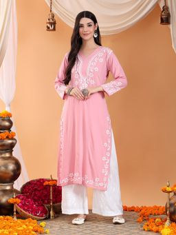 Poshak Chikan Studio - Peach Women Hand Embroidered Chikankari Rayon V Neck Kurta