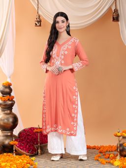 Poshak Chikan Studio - Women Hand Embroidered Chikankari Peach Rayon V Neck Kurta