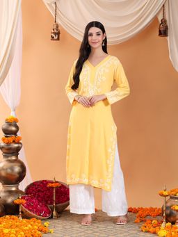 Poshak Chikan Studio - Yellow Women Hand Embroidered Chikankari Rayon V Neck Kurta