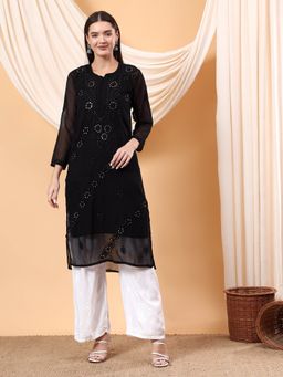 Poshak Chikan Studio - Black Women Hand Embroidered Chikankari Georgette Mukaish Kurta