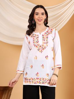 Poshak Chikan Studio - Women White Hand Embroidered Chikankari Colorful White Cotton Short Kurti