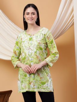 Poshak Chikan Studio - Women Green Hand Embroidered Chikankari Mulmul Print Short Kurti