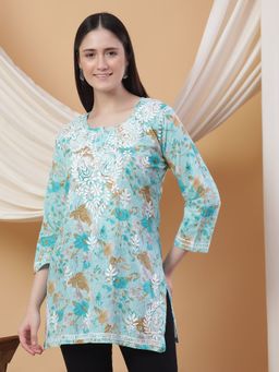 Poshak Chikan Studio - Green Women Hand Embroidered Chikankari Mulmul Print Short Kurti