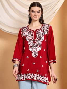 Poshak Chikan Studio - Women Maroon Hand Embroidered Chikankari Premium Modal Short Kurti