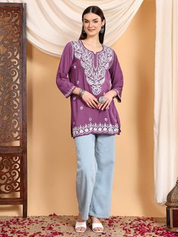 Poshak Chikan Studio - Women Mauve Hand Embroidered Chikankari Premium Modal Short Kurti