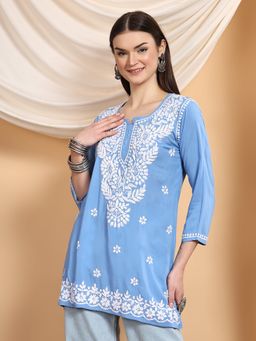 Poshak Chikan Studio - Women Blue Hand Embroidered Chikankari Premium Modal Short Kurti