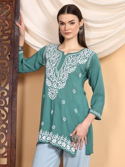 Poshak Chikan Studio - Women Green Hand Embroidered Chikankari Premium Modal Short Kurti