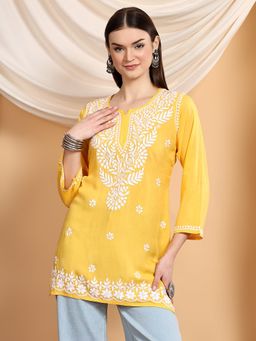 Poshak Chikan Studio - Women Yellow Hand Embroidered Chikankari Premium Modal Short Kurti