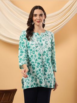 Poshak Chikan Studio - Women Hand Embroidered Chikankari Mulmul Print Green Short Kurti