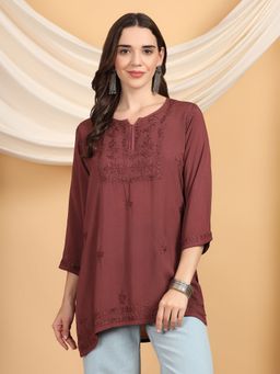 Poshak Chikan Studio - Women Brown Hand Embroidered Chikankari Modal Short Kurti