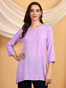 Poshak Chikan Studio - Women Lavender Hand Embroidered Chikankari Modal Short Kurti