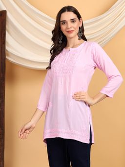 Poshak Chikan Studio - Women Pink Hand Embroidered Chikankari Modal Short Kurti