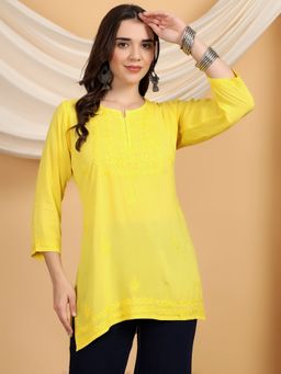 Poshak Chikan Studio - Women Yellow Hand Embroidered Chikankari Modal Short Kurti
