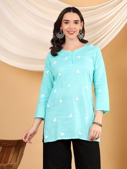 Poshak Chikan Studio - Women Blue Hand Embroidered Chikankari Heart Motif Cotton Short Kurti