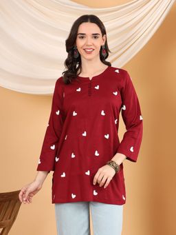 Poshak Chikan Studio - Women Maroon Hand Embroidered Chikankari Heart Motif Cotton Short Kurti