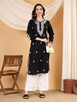 Poshak Chikan Studio - Women Hand Embroidered Chikankari Cotton Black Kurta