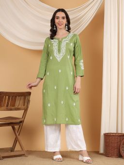 Poshak Chikan Studio - Women Hand Embroidered Green Chikankari Cotton Kurta